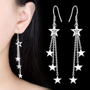Silver Stars Dangle Earrings Long Drop
